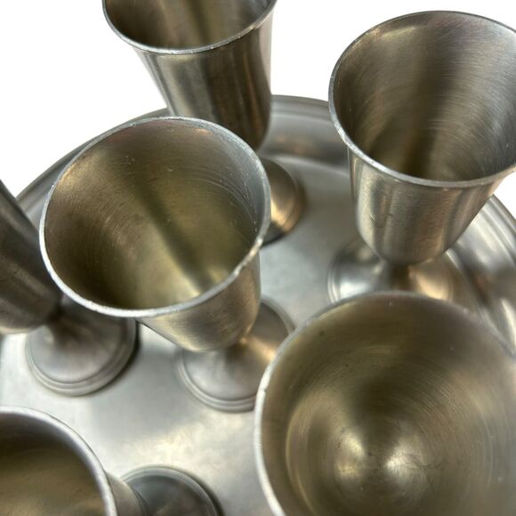 Preisner Pewter No.2023 Tray 8 inch and 6 Cordial Goblet Cups 3.75 inches Tall - Picture 4 of 12